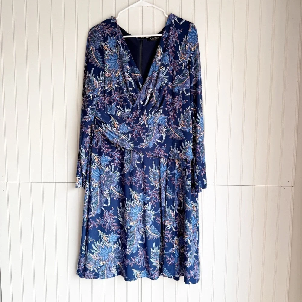 Lauren Ralph Lauren Size 14 Women's Blue Floral Jersey Long-Sleeve Dress NEW! - Picture 2 of 6